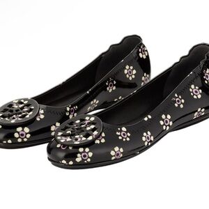 Tory Burch Minnie Travel Ballet Flats; Black Patent Leather Floral; NWOT